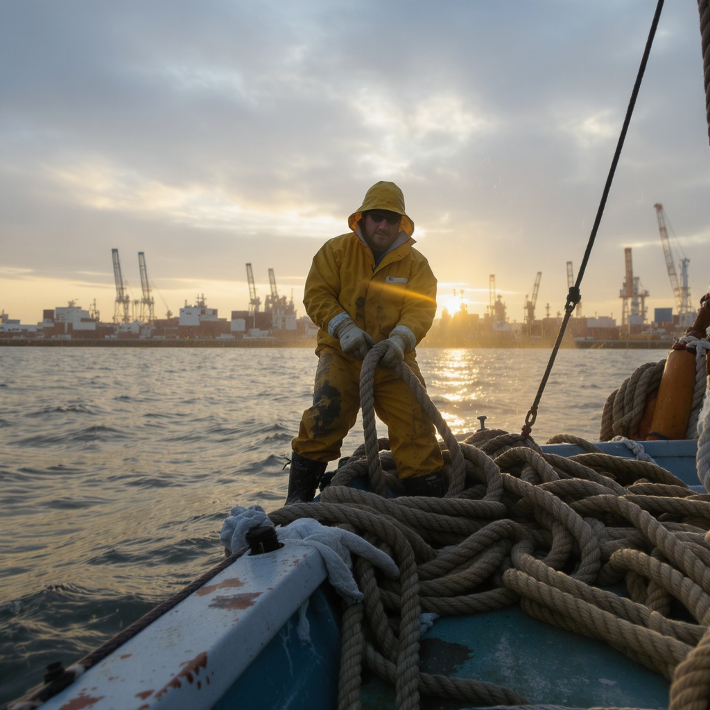 Deckhand at work on a small fishing boat at sunrise