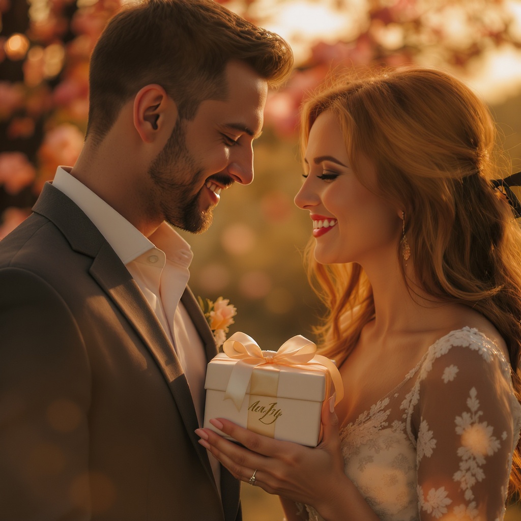 Romantic couple embracing with personalized gift box