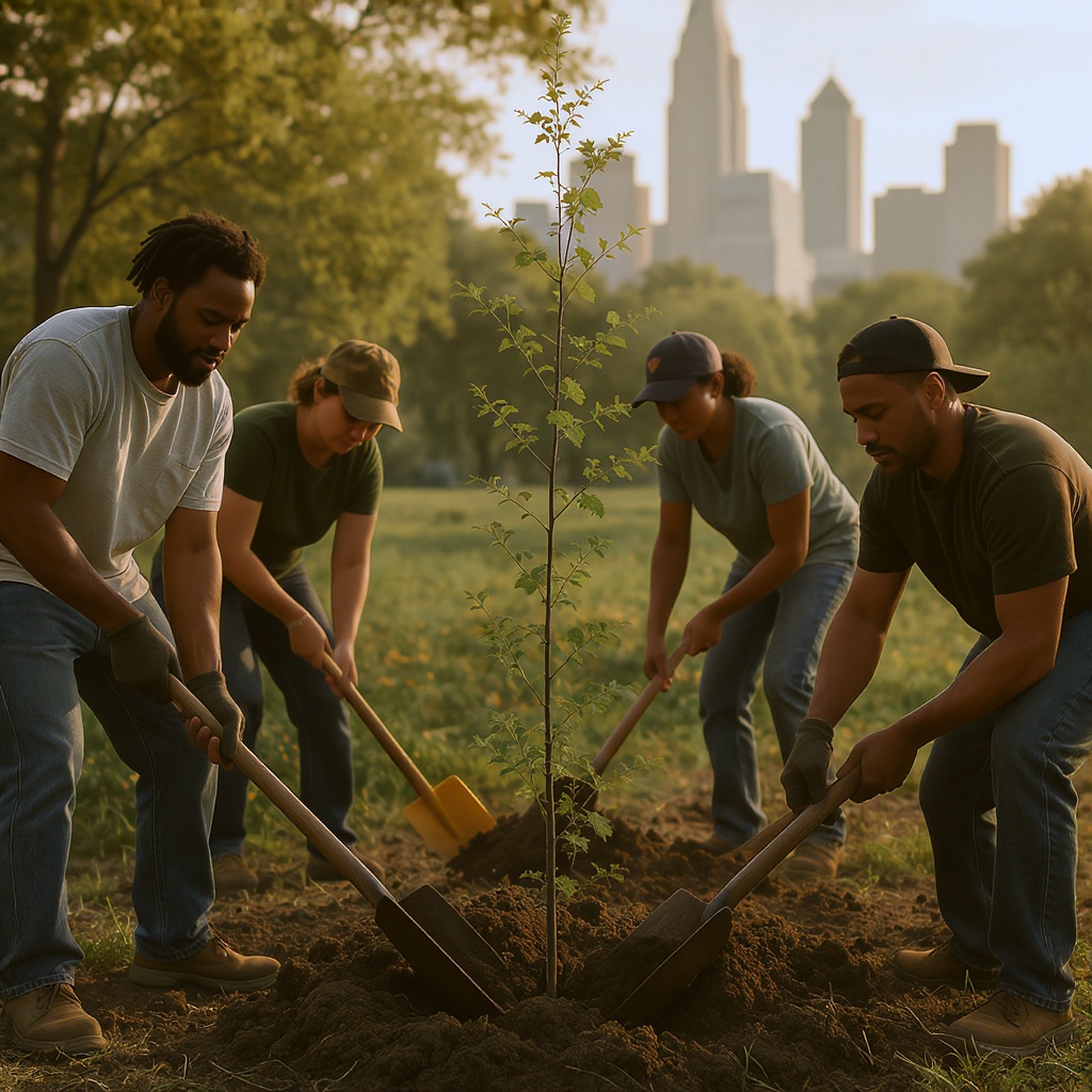Community volunteers planting trees in an urban park