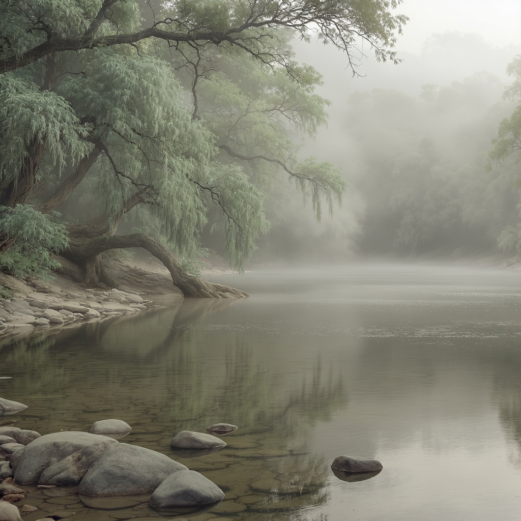 Serene still water reflecting ancient trees in morning mist