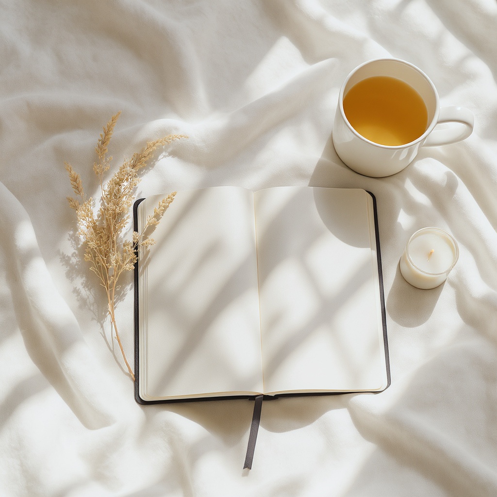 Sanctuary Starter Guide — linen-covered journal, candle, herbal tea, botanical on a warm linen surface