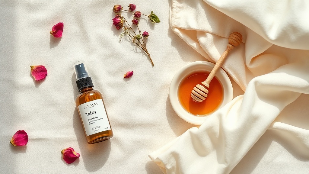 Clean skincare flat lay with tallow balm, rose water, jade roller on cream linen