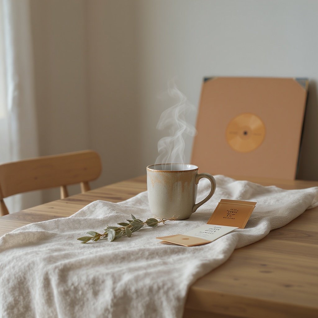 Sunday morning table with linen runner, ceramic mug, and sage bundle