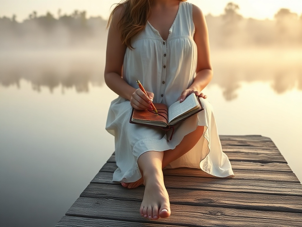 A woman on a peaceful dock at golden hour with journal