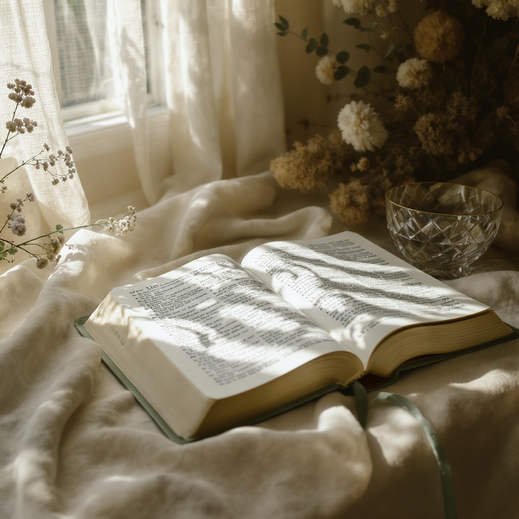 Warm morning light through linen curtains over an open Bible and crystal, representing faith and intentional living