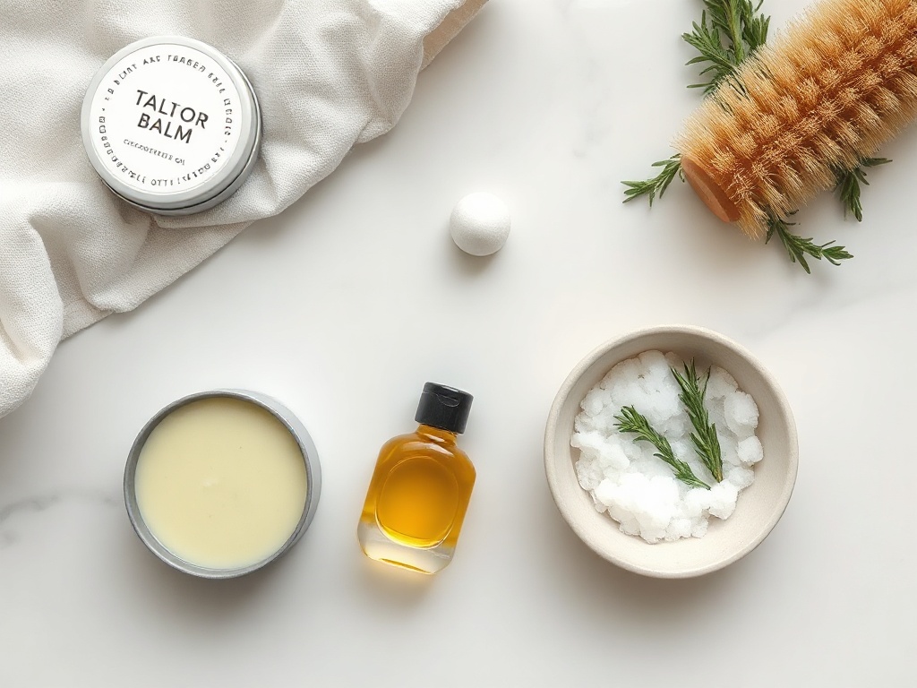 Natural wellness tools on linen with herbs