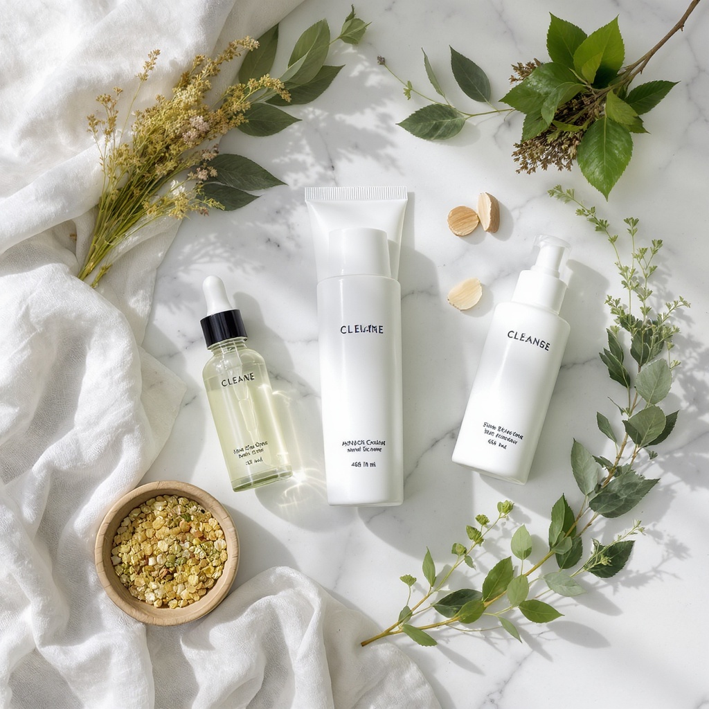 Natural clean skincare products on white marble with botanical ingredients