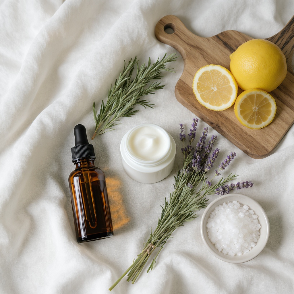 Clean wellness flat lay — amber tincture, herbs, lemon, sea salt on warm linen