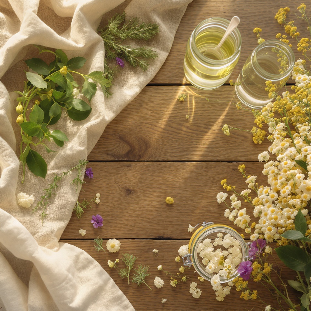 Fresh organic herbs and botanicals on linen in golden sunlight