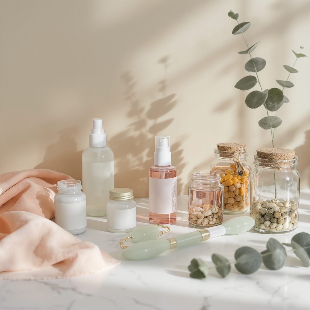 Clean body seeker — natural skincare, supplements, and jade roller on marble