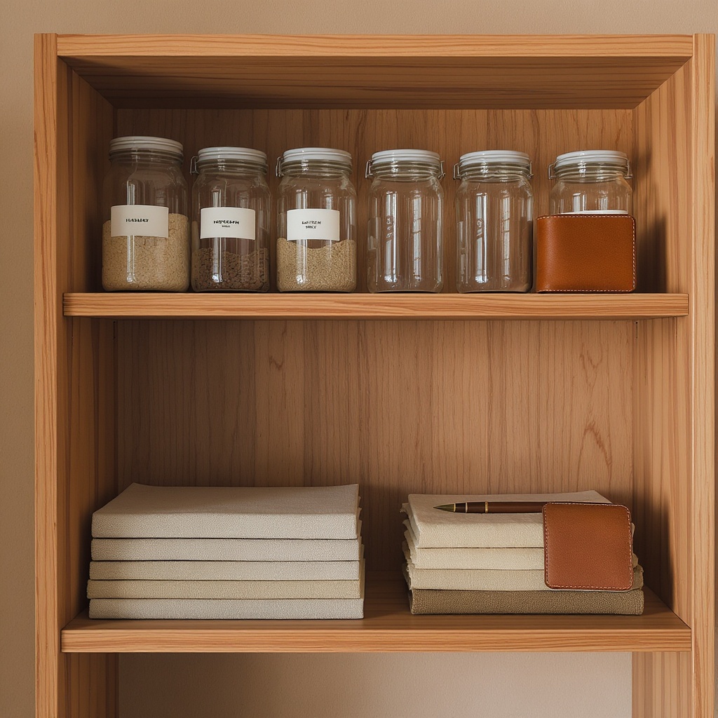 Intentional ritualist — organized cedar shelf with glass jars, notebooks, and linen goods