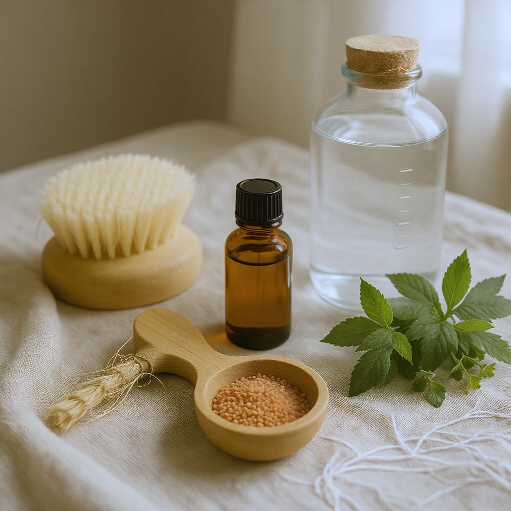 Natural wellness tools on linen — dry brush, castor oil, glass water bottle, epsom salt, fresh herbs