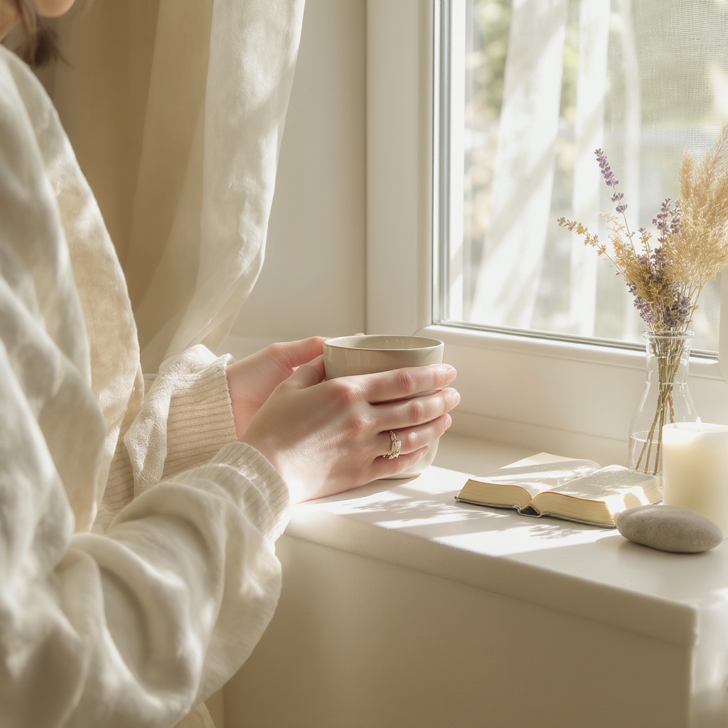 Sunlit home sanctuary — Bible, candle, and linen on a windowsill