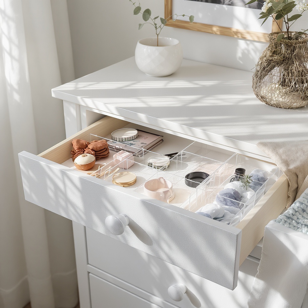 Clear acrylic organizers in a neatly arranged dresser drawer
