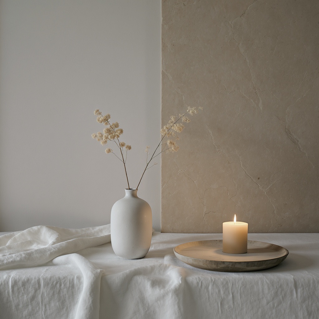Sanctuary builder — clean linen surface with single ceramic vase and soft candlelight