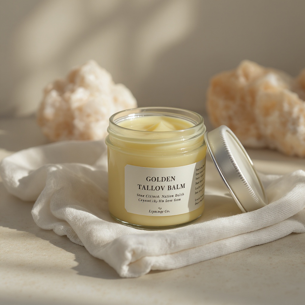 Clean tallow balm in glass jar on natural linen with botanical accents