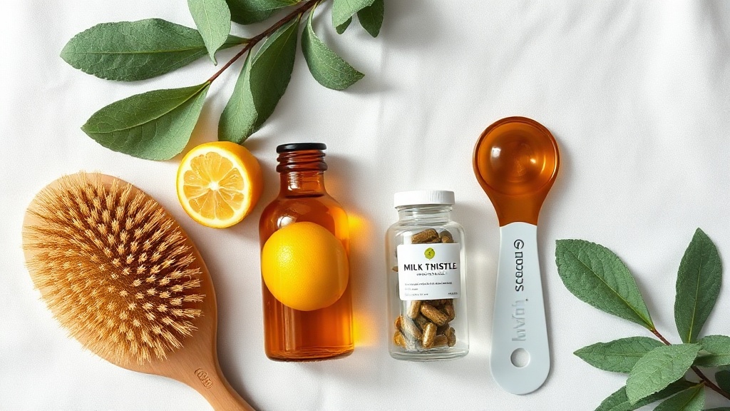 Natural wellness detox tools including dry brush, castor oil, and glass water bottle on linen