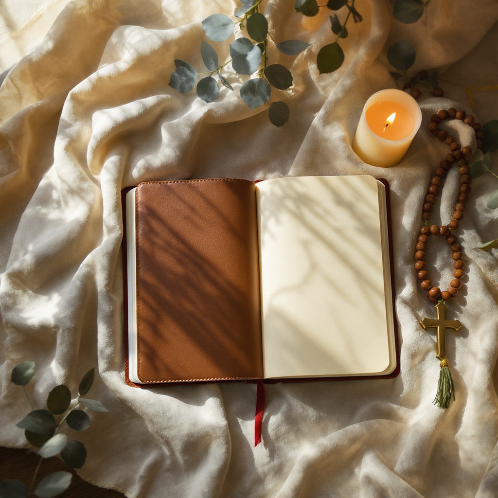 Morning prayer corner flat lay with journal, candle, and brass cross on linen