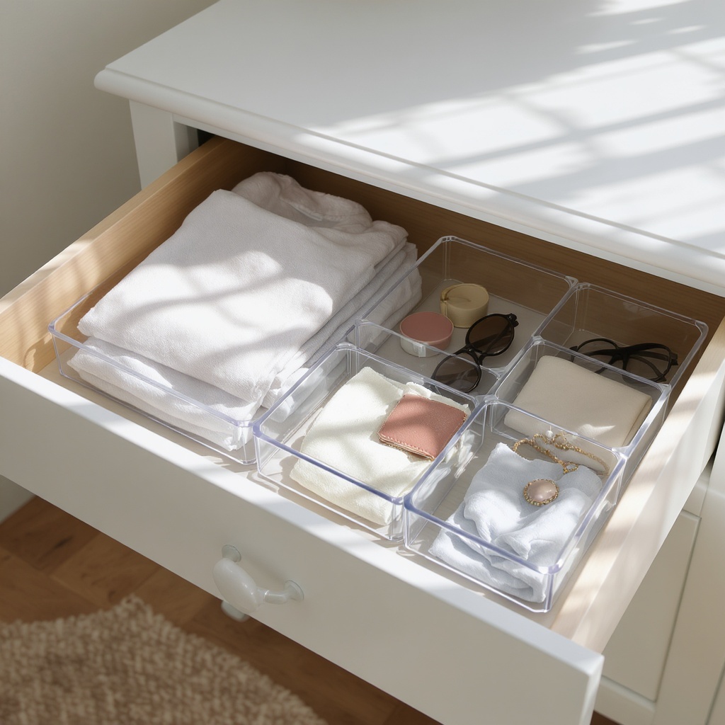 Clear acrylic organizers in a white wooden dresser drawer with neatly folded items, morning light
