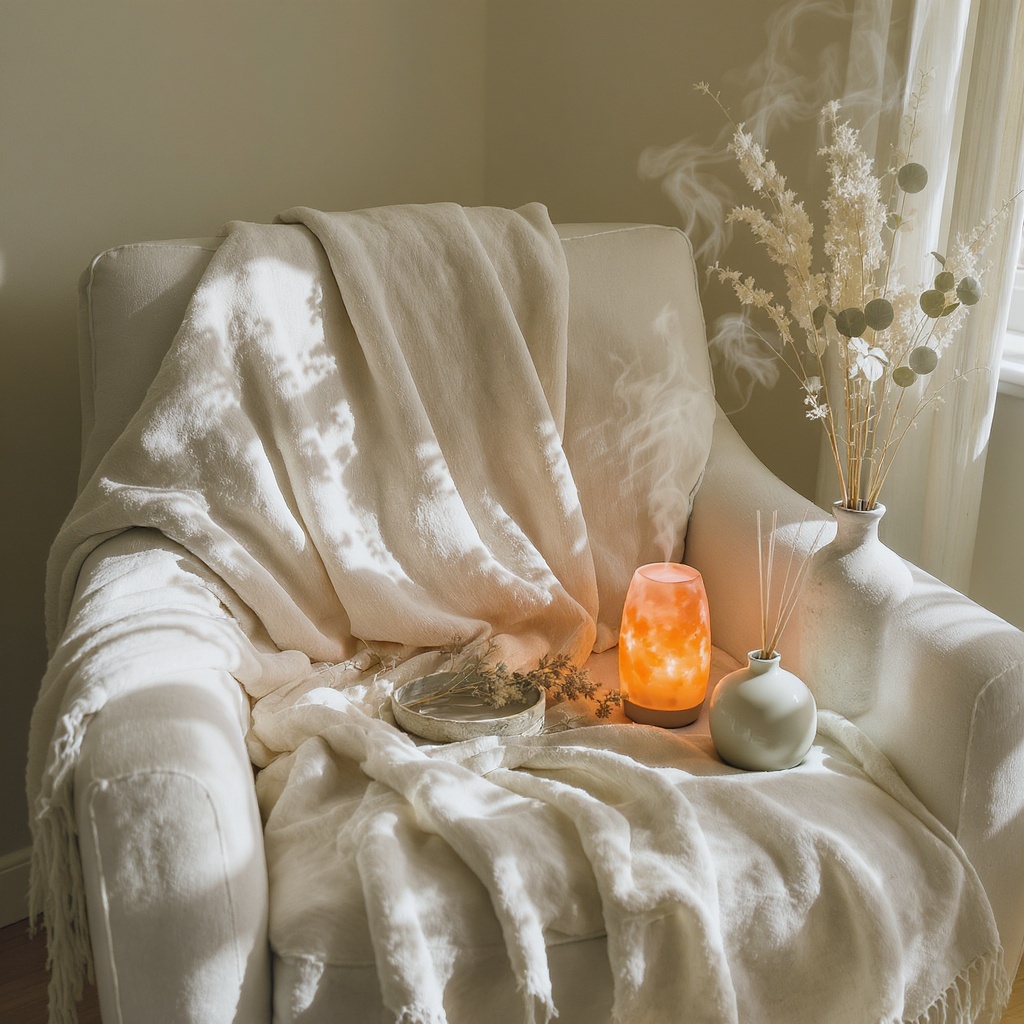 Sanctuary home interior — linen, warm amber lamp, intentional wellness