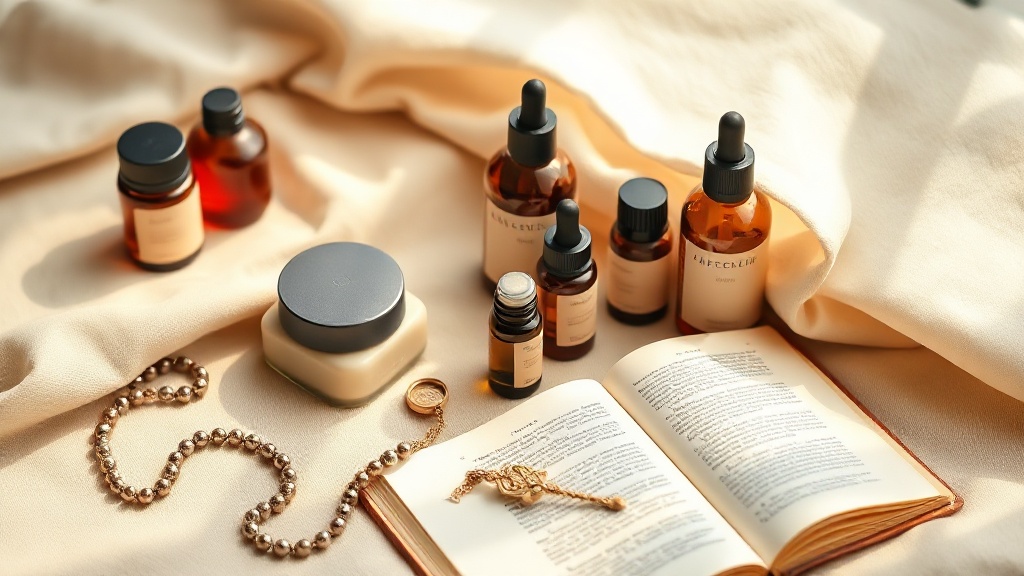 Catholic family skincare flat lay with amber glass balm jars, rosary, and prayer book on natural linen