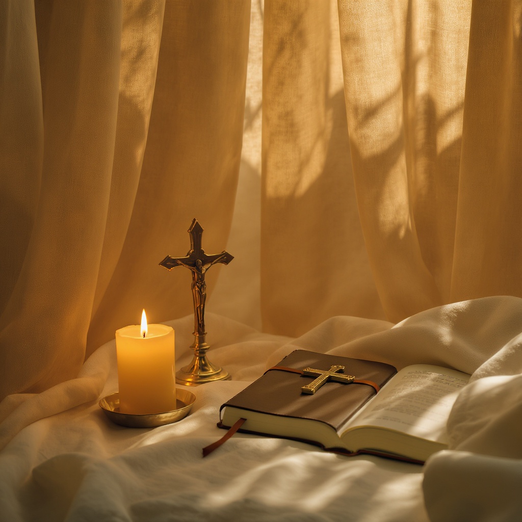 Faith-forward home — morning prayer corner with candle, journal, and brass cross