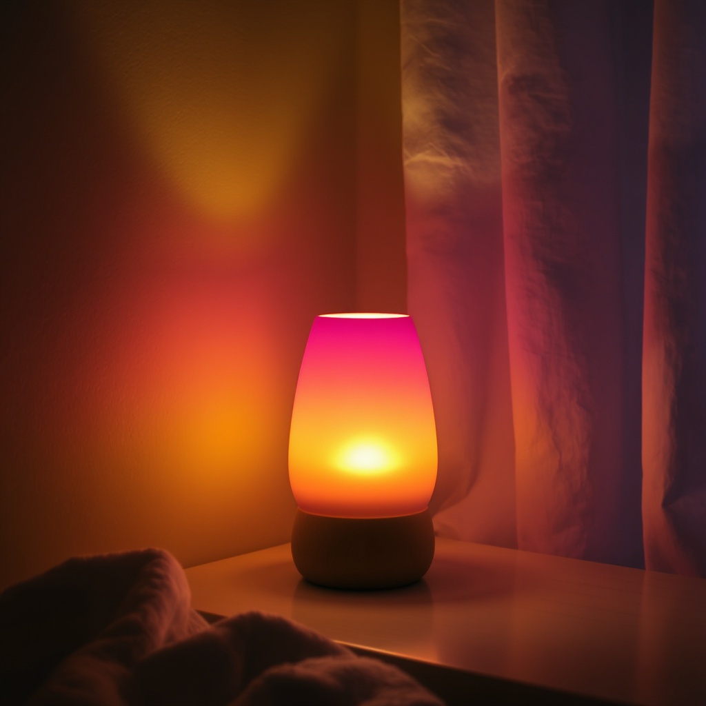 Warm amber light from a sunset lamp in a cozy home sanctuary corner