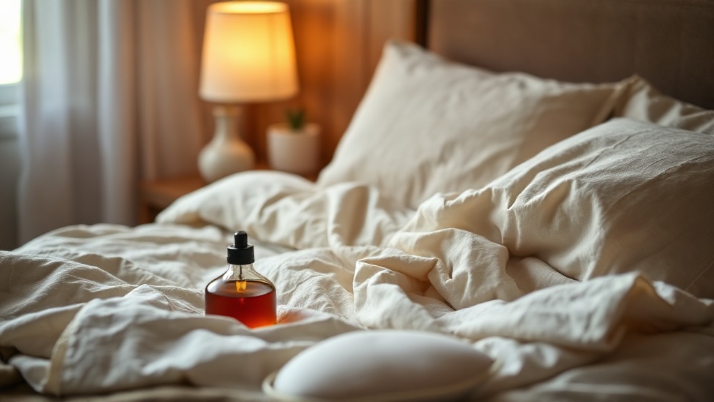 Sanctuary bedroom with linen sheets, soft lamp, and essential oil diffuser in warm evening light
