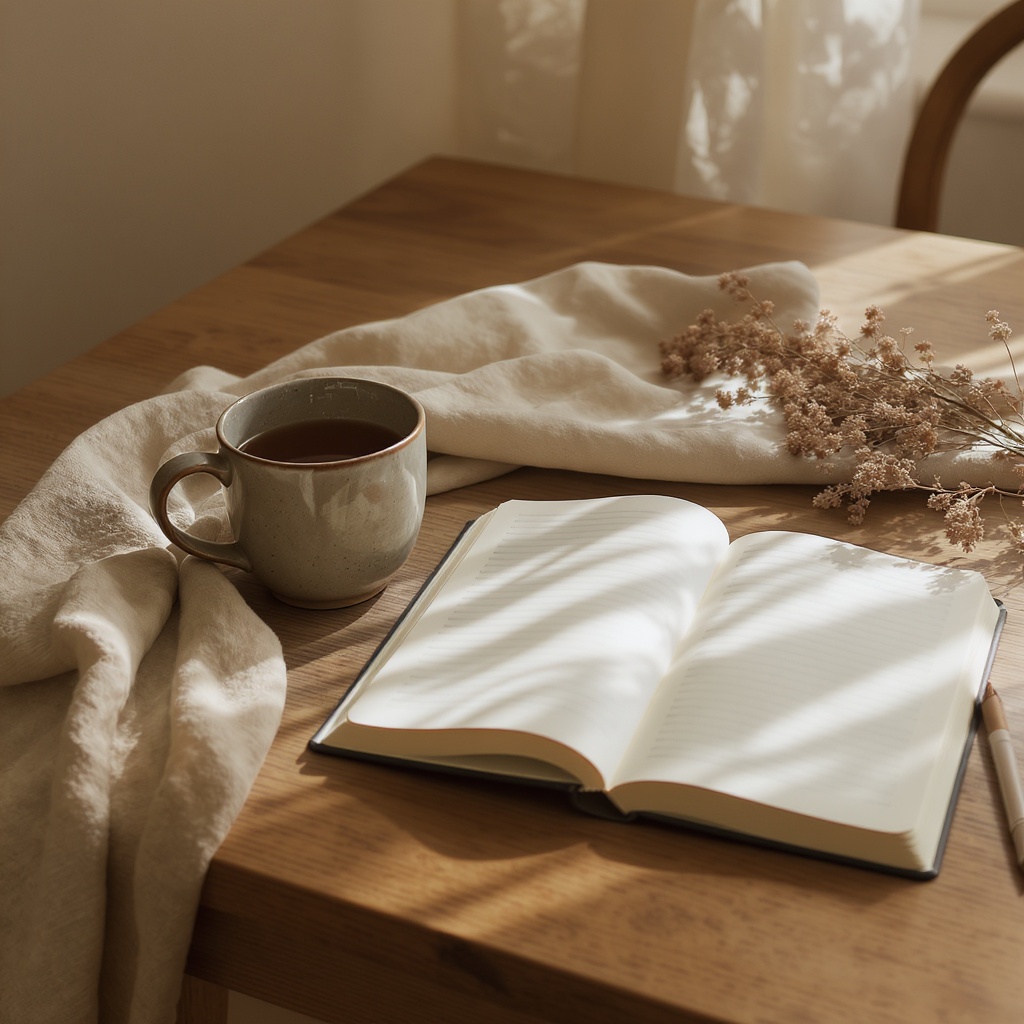 Morning ritual with ceramic mug, journal, and dried botanicals on linen