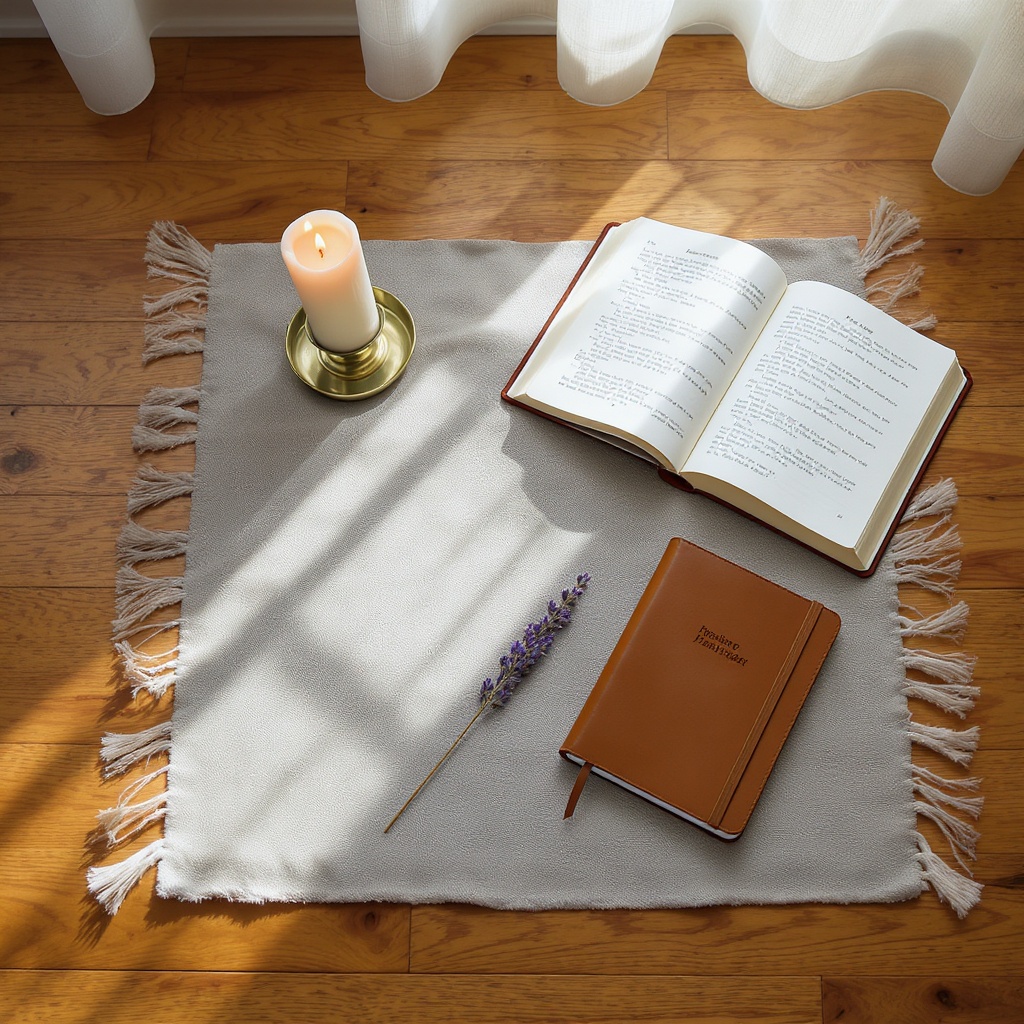 A morning prayer corner with linen mat, brass candle, leather journal and lavender on hardwood floor