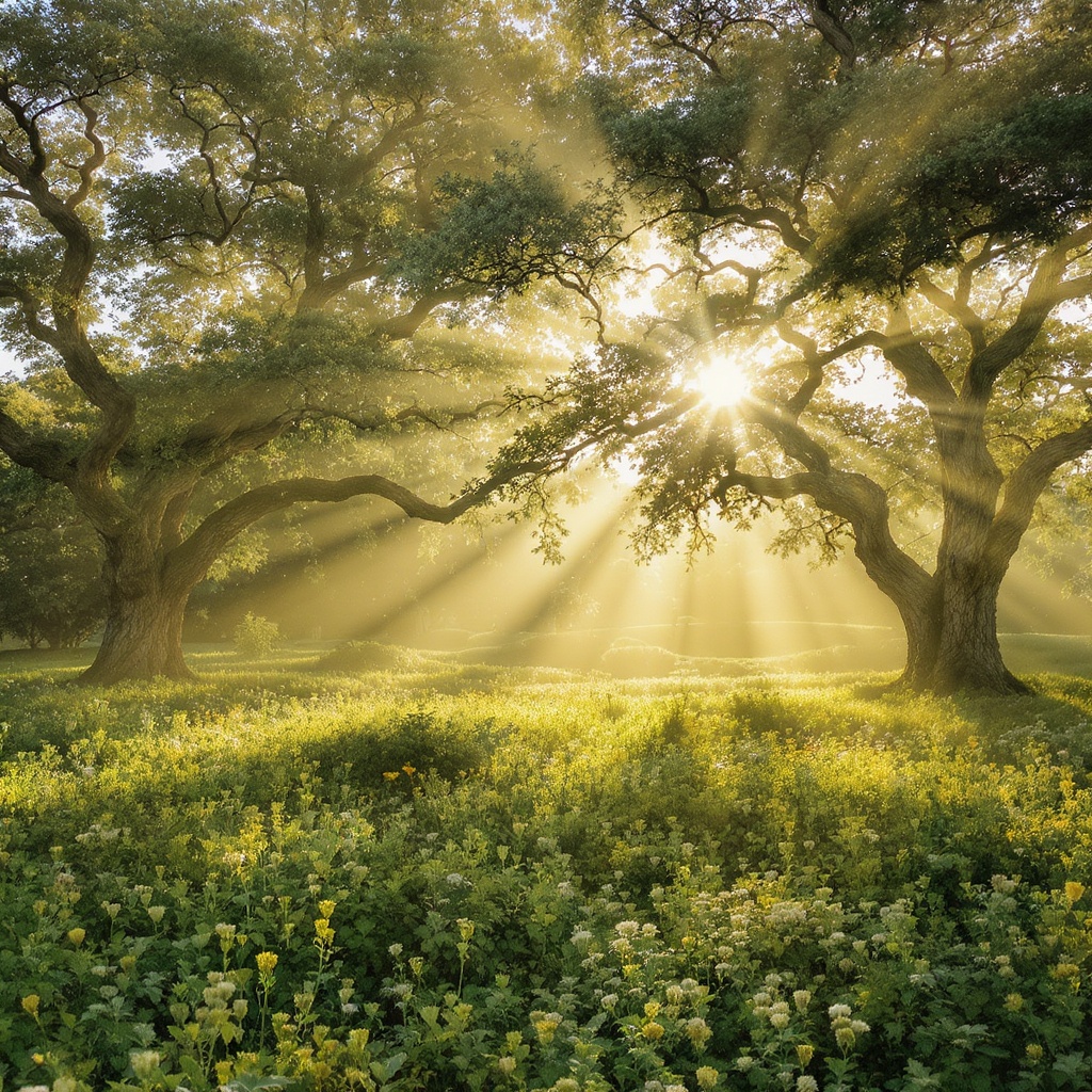 Morning light through ancient oaks