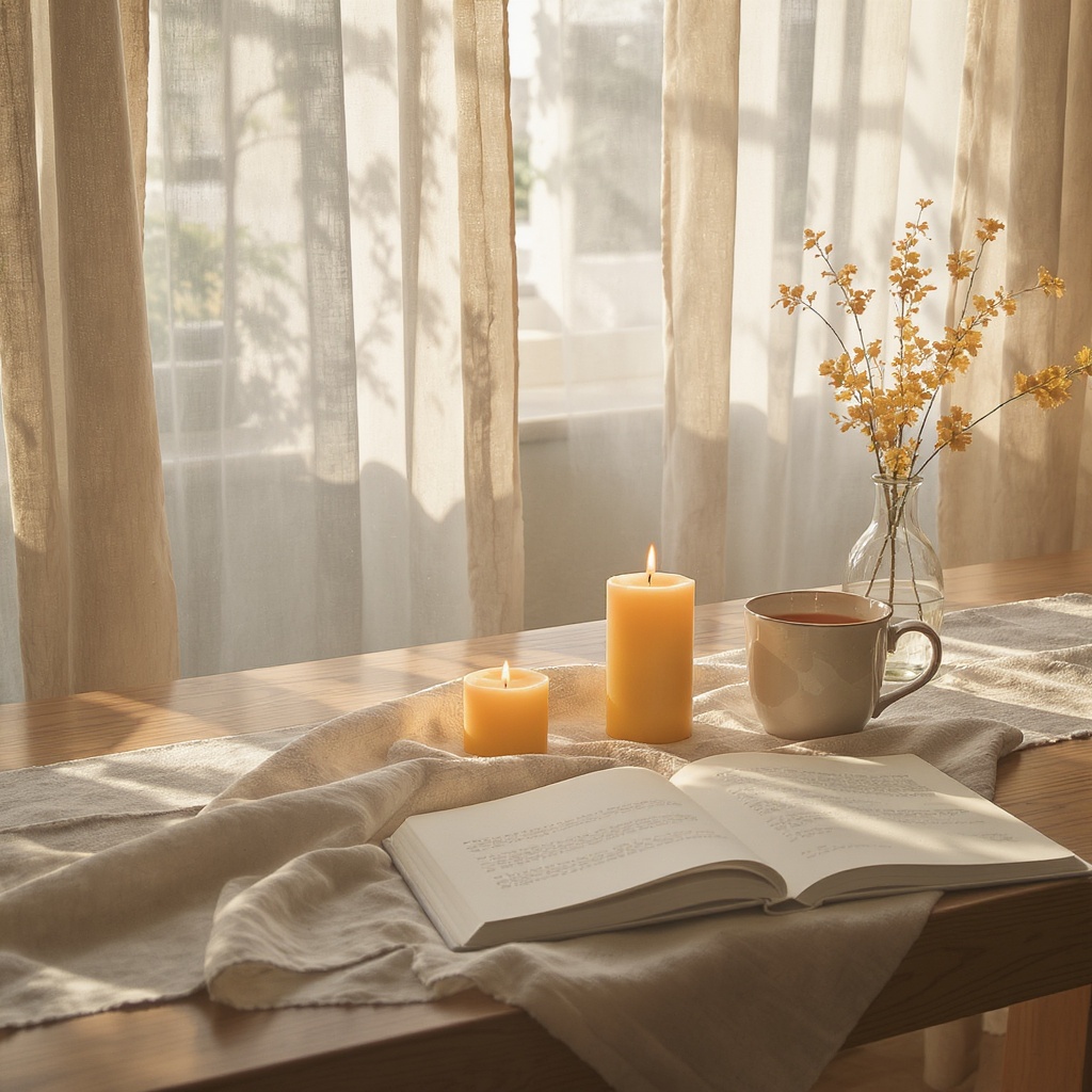 Sunday morning table with linen runner, beeswax candles, ceramic mug of tea, open journal, soft light