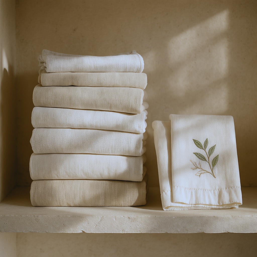 Styled shelf of folded linen textiles in oatmeal and natural tones on a stone shelf