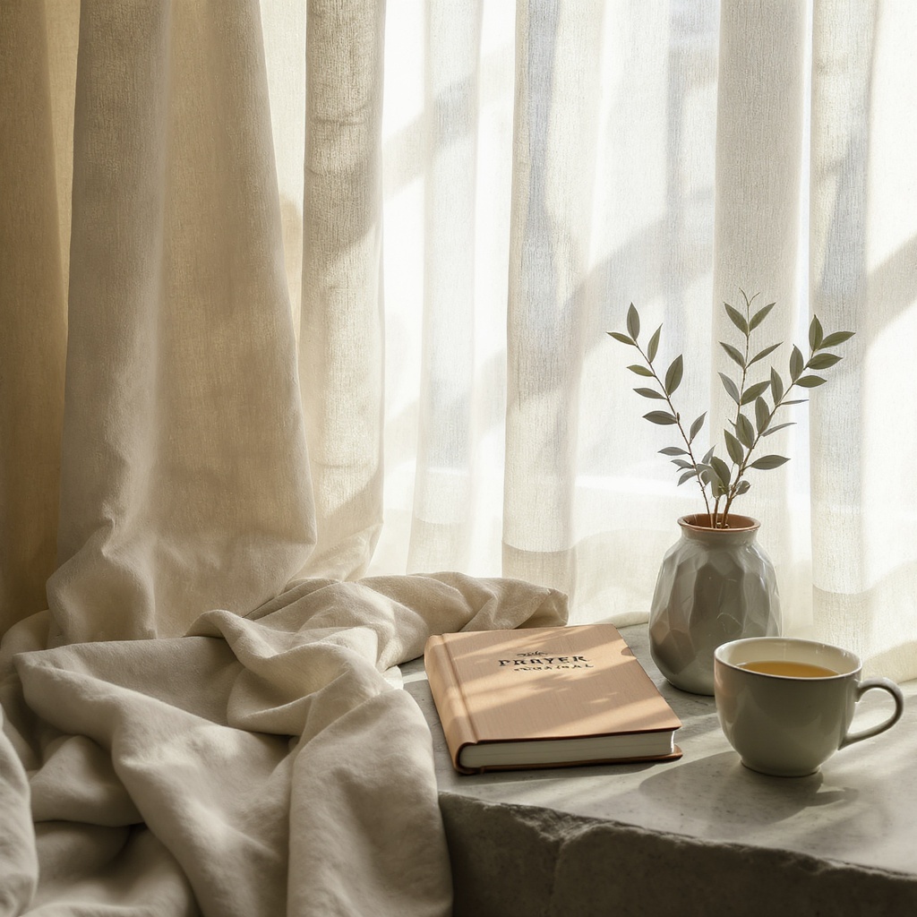 Peaceful morning sanctuary — journal, herbal tea, olive branch on stone