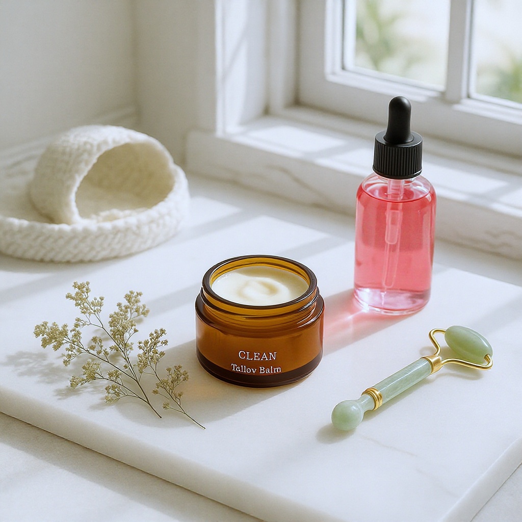 Clean skincare flat lay on white marble with tallow balm, rose water, jade roller and botanical sprigs