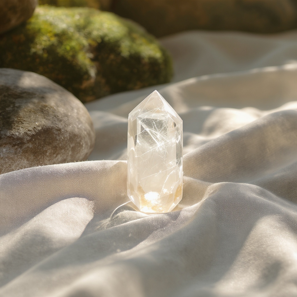 Crystal cluster on natural linen over zen garden