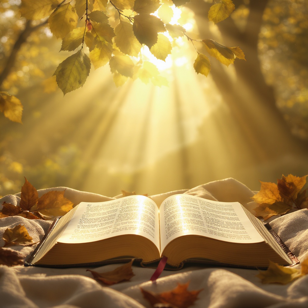 Open Bible in morning light with linen and oak leaves