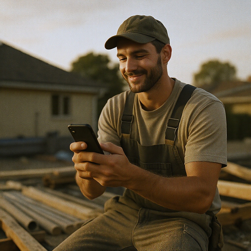 Tradesperson checking their phone at a job site