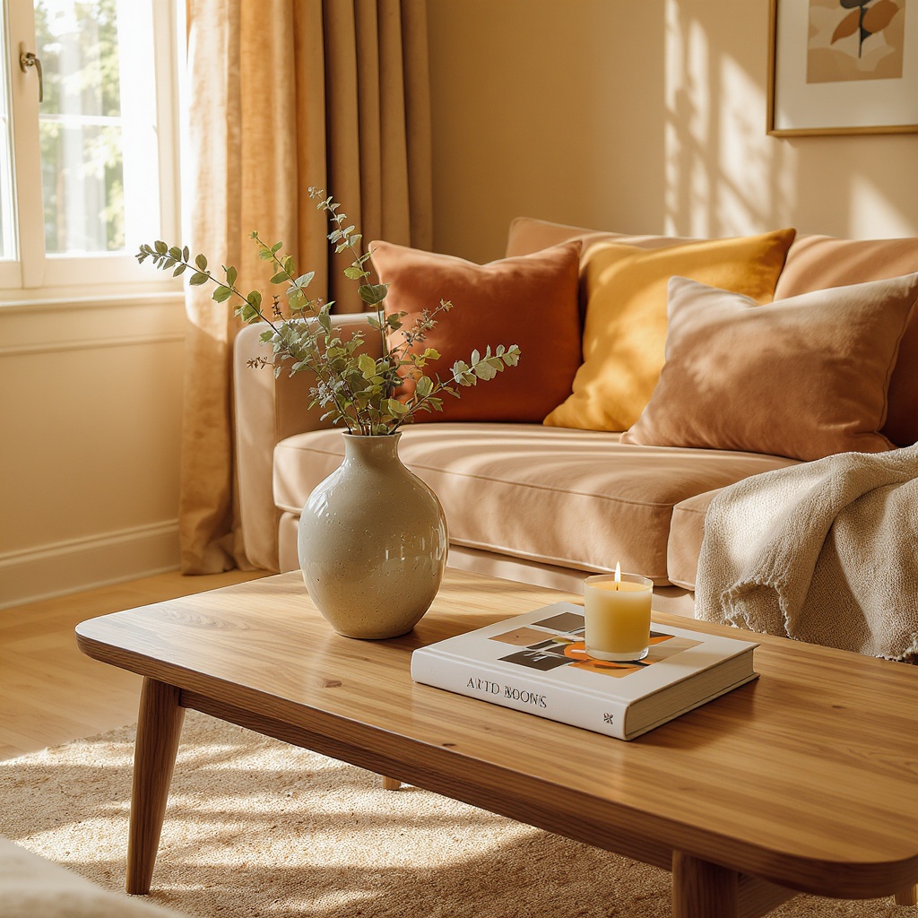 Curated modern living room with a low coffee table, ceramic vase, linen throw and beeswax candle in warm afternoon light.