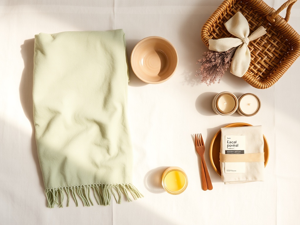 Flat lay of curated home accessories — sage linen throw, hand-thrown ceramic bowl, woven basket, dried flower arrangement and beeswax candle.