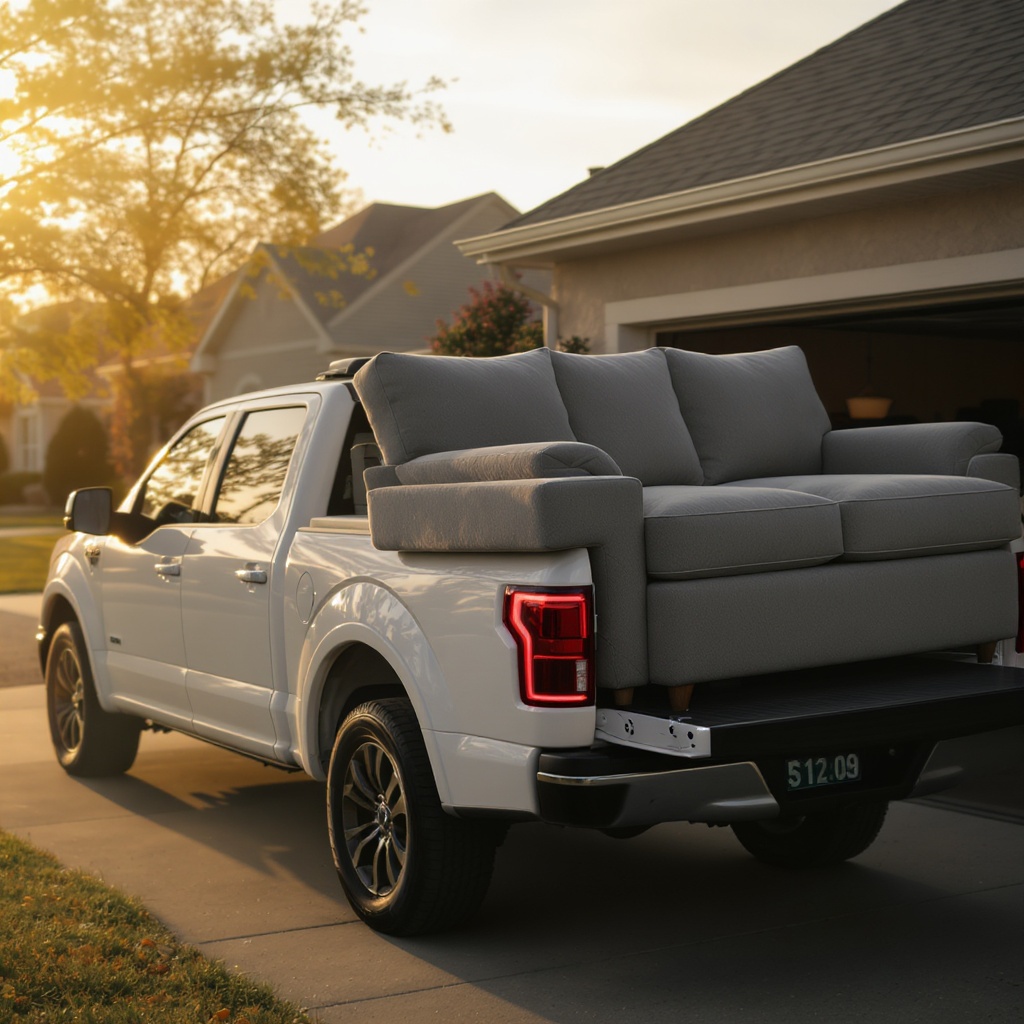 Pickup truck loaded with a sofa at sunset