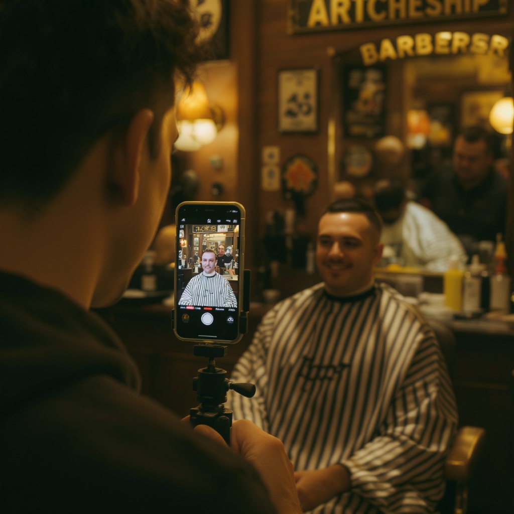 Content creator filming a barbershop TikTok