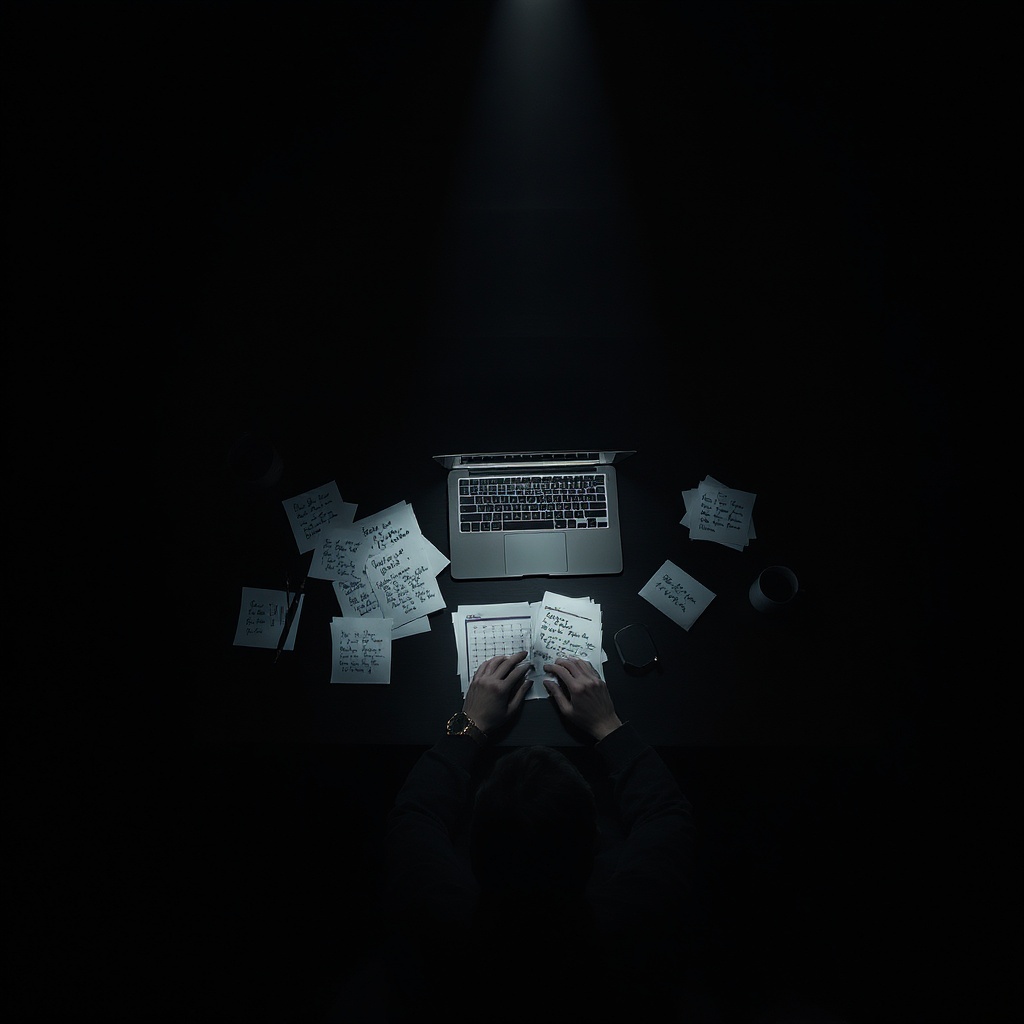 A person working at a clean desk with glowing calendar interface