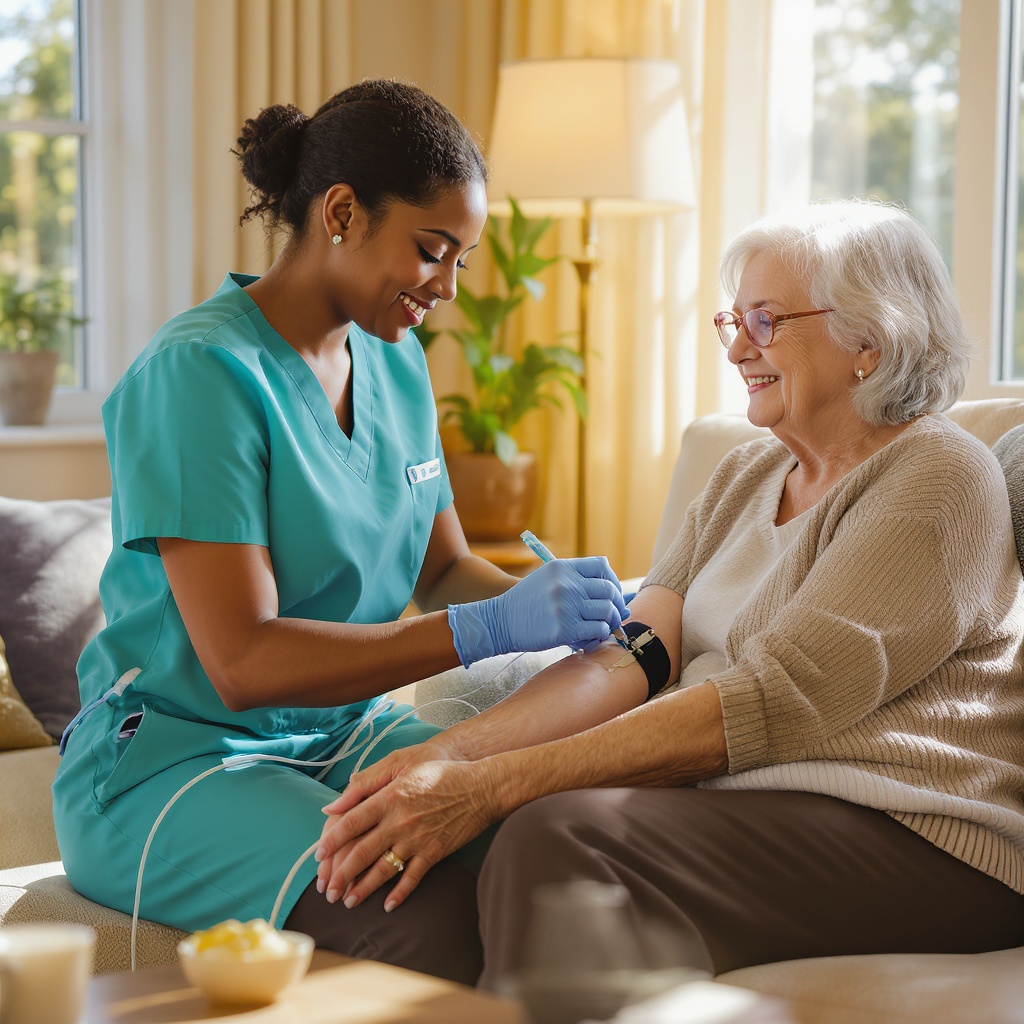 Professional phlebotomist drawing blood from a patient at home