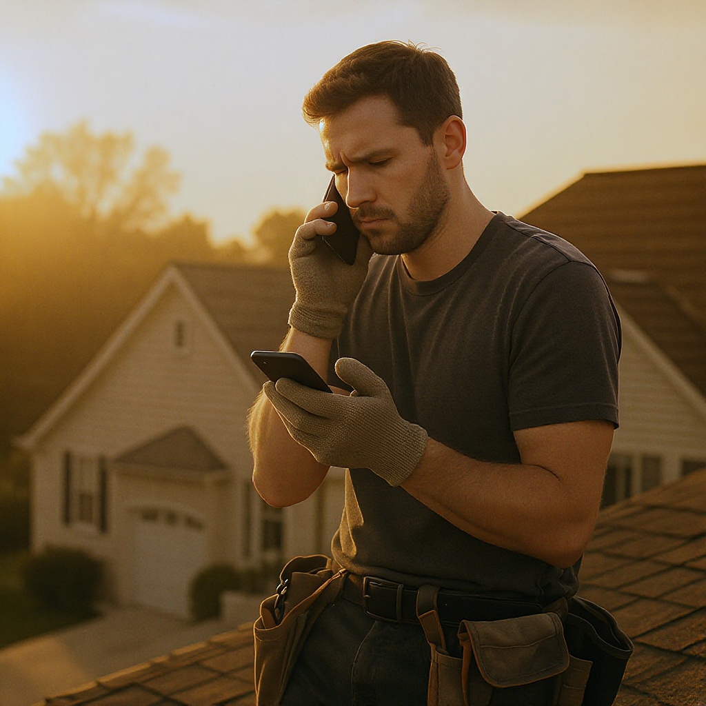 Tradesperson on a roof checking missed calls