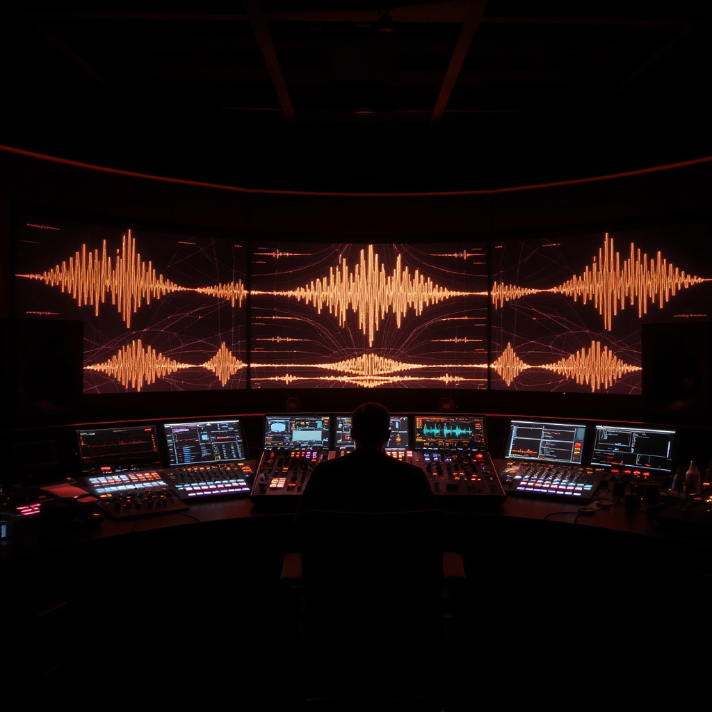 Music production studio in darkness
