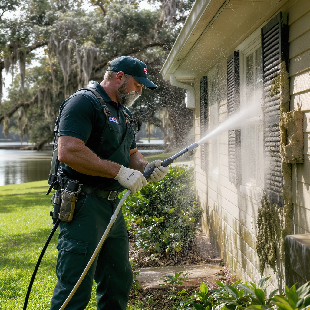 Pressure washing a Louisiana home exterior