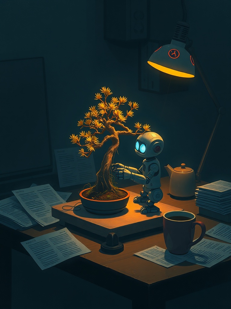 Small robot tending to a glowing bonsai tree