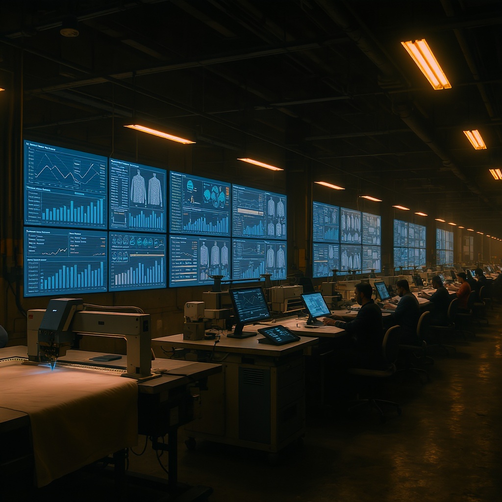 Modern garment factory with digital displays
