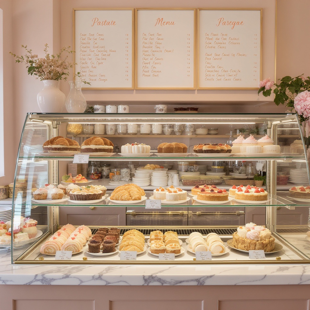 Artisan pastry display with croissants, macarons, and fruit tarts